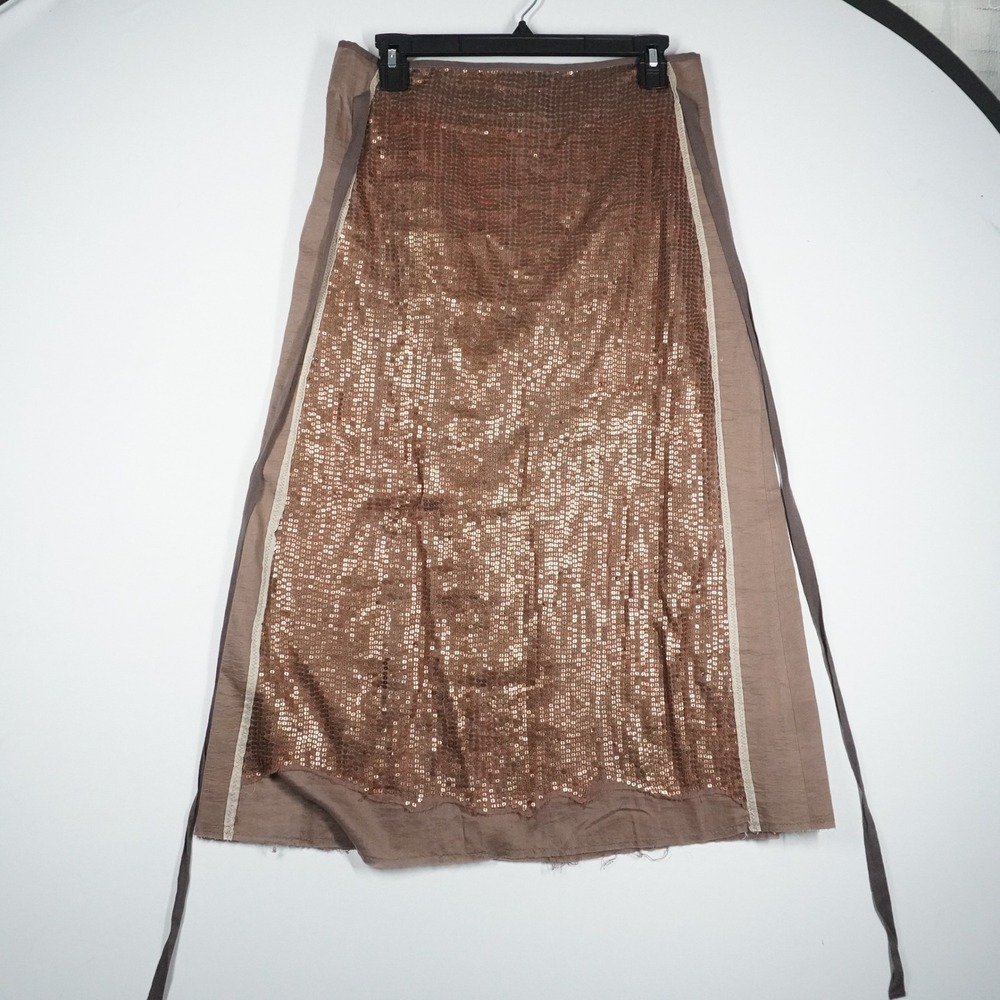 Brown Bronze Sequin A-Line Midi Skirt Raw Hem Distressed Boho Indie Sleeze Y2K